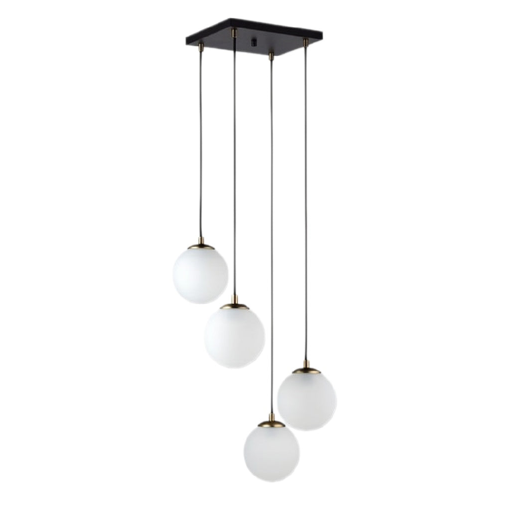 Hanglamp met vier glazen bollen in zwart en goud
