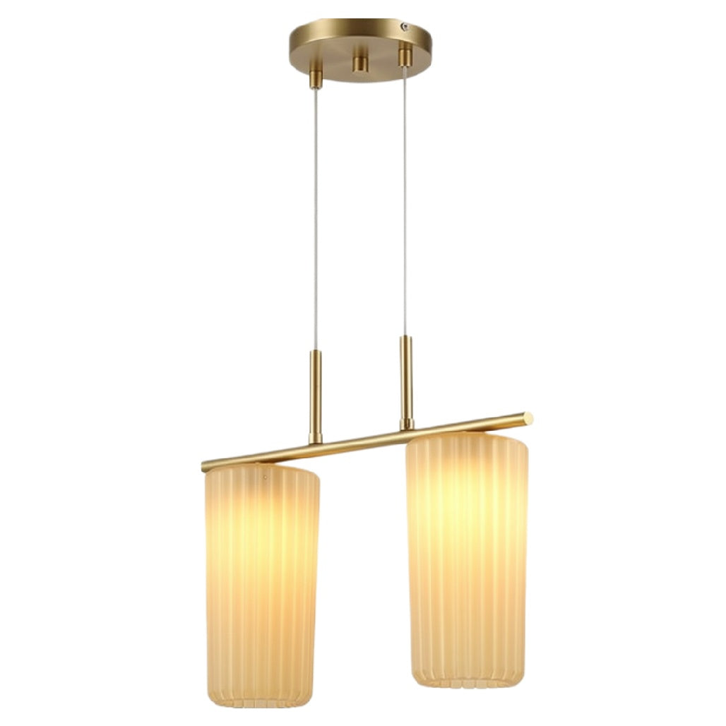 Pendellamp met dubbele glazen kappen en gouden afwerking
