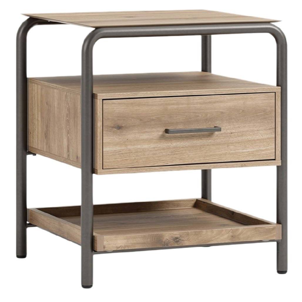 Nachtkastje met houten lades en metalen frame